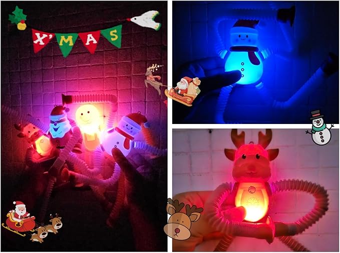 Christmas LED Pop Tubes Light Up 4 Pcs Sensory Fidget Toys, Telescopic Suction Cup Santa Toys Autism Christmas Party Favors Game Prizes Goody Bags Stocking Stuffers Treats for Kids 3+ (Christmas)