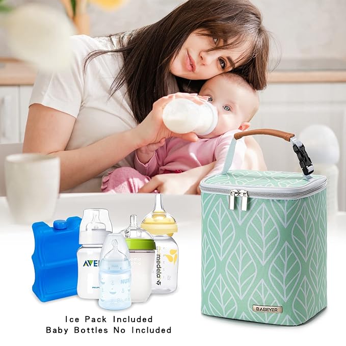 Breast Milk Cooler Bag with Ice Pack Fits 4 Baby Bottles Up to 9 Ounce, Baby Bottle Bag for Nursing Mom Daycare-Green