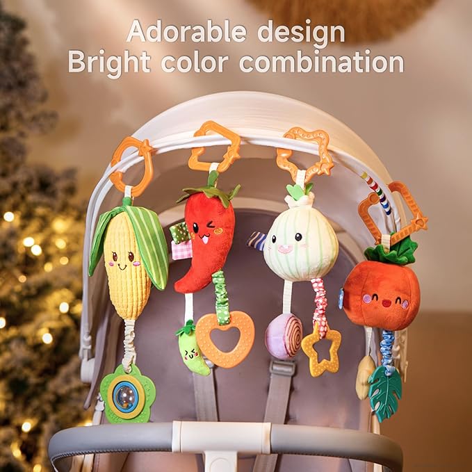 TUMAMA Hanging Baby Toys, 4 Pack Vegetable Crib Stroller Baby Gym Mobile Plush Toys, Early Baby Cognitive Sensory Hanging Rattle Toys with Teether. Suitable for Babies 0, 3, 6, 9, 12 Months