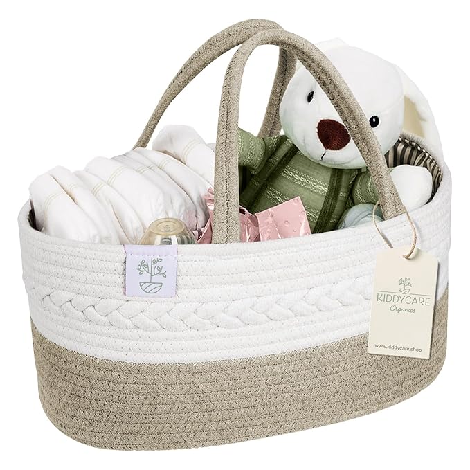 KiddyCare Baby Diaper Caddy Organizer, Cotton Nursery Baby Gift Basket with Handle Lid Baby Caddy Organizer, Portable Baby Basket Diapers & Wipes, Basket for Moms, Wheat Field - Large
