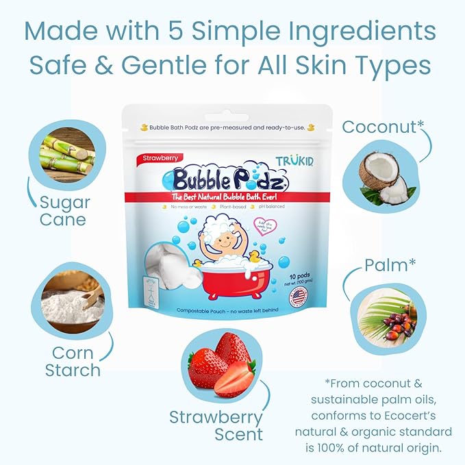 TruKid Bubble Podz Bubble Bath for Kids, Toddlers, & Babies, Tear Free Gentle & Refreshing Bath Bomb for Sensitive Skin with Natural Moisturizers, Non-Toxic, pH Balanced, Strawberry Scent (24 Podz)