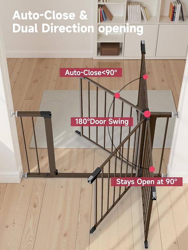 Baby Gate for Stairs, 30'' Tall 29.5-46" Extra Wide Dog Gate for Stairs Walk Thru Auto Close Metal Pet Gate for The House, Stairs and Doorways Child Gate Pressure Mounted Safety Gate Indoor - Brown