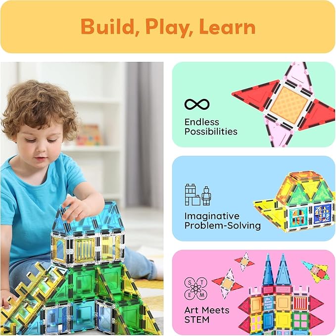 PicassoTiles Magnetic Tiles 61 Piece Magnet Tile Building Blocks Construction Sensory Toy Set with Carry Bag Storage Bin Container STEM Toddler Learning Educational Pretend Play Boy Girl Ages 3+ PT07