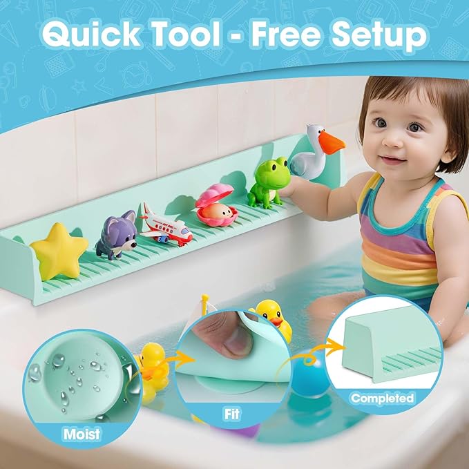 Bathtub Splash Guard for Kids - 31.4 Inch Extra Wide Bath Splash Barrier with 11 Strong Suction Cups, Flexible Silicone Tub Ledge Organizer to Keep Bathroom Floor Dry(Green)