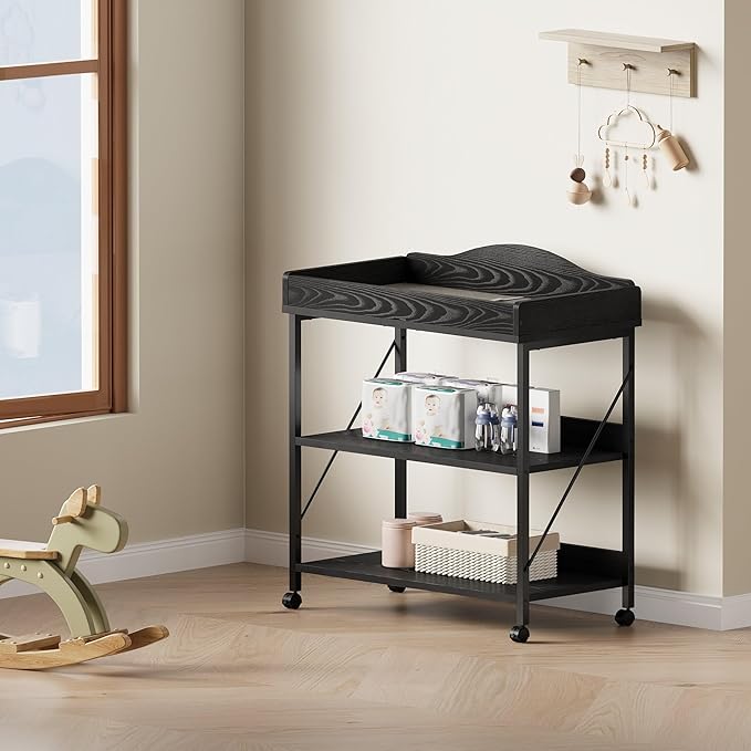 Baby Changing Table, Diaper Changing Station with Pad and Wheels, Two-Tier Open Storage Shelves, Waterproof Diaper pad & Safety Strap,Compact Baby Furniture for Nursery, Black