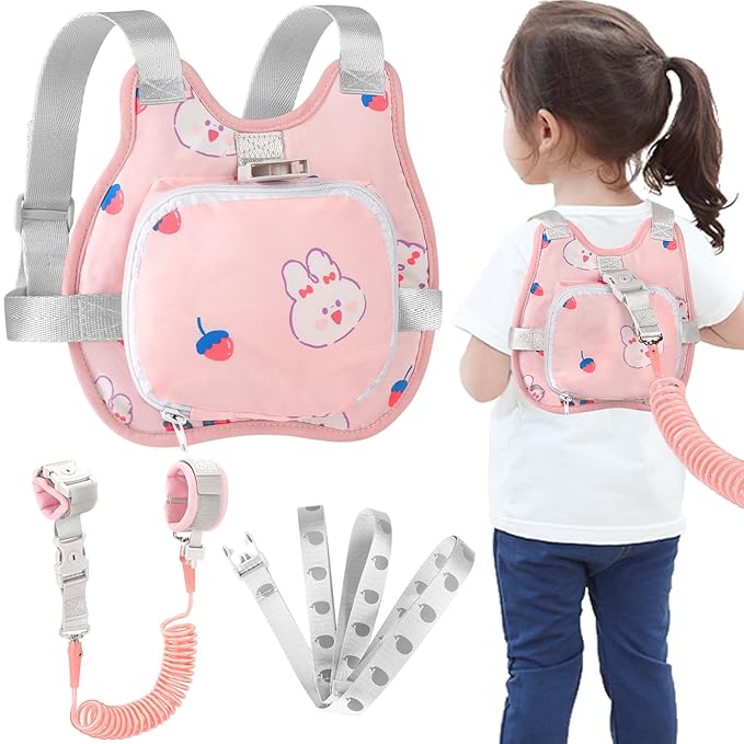 Accmor Toddler Harness Leash, Collapsible Cute Rabbit Kids Leash + Anti Lost Wrist Link for Outdoor Travel, Soft Child Walking Harness Tether Wristband Assistant Strap Belt Protector for Baby Girls