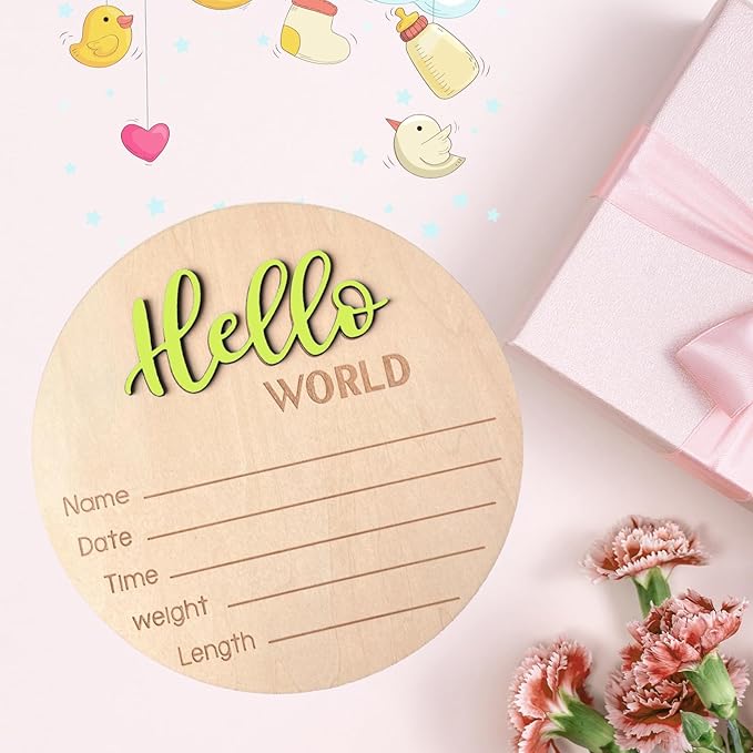 Baby Announcement Sign, 5.9 Inch Wooden Hello World Newborn Signs, Birth Announcement Sign, Baby Shower Hospital Nursery for Newborn Boys and Girls (Wilderness Green)