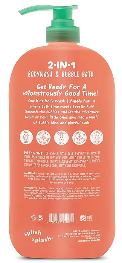 Splish Splash Kids 2-in-1 Body Wash & Bubble Bath | Tear-Free, Paraben-Free & Dye-Free | Gentle Suds for All Skin Types – Fun Bath Time for Kids – Watermelon 32 Fl Oz