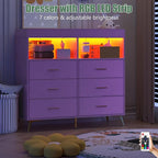 Dresser for Bedroom with LED Lights and Power Outlet, Baby Changing Table Dresser with 6 Drawers, 2 Open Storage Shelves, Baby Diaper Station with Changing Table Top (Purple)