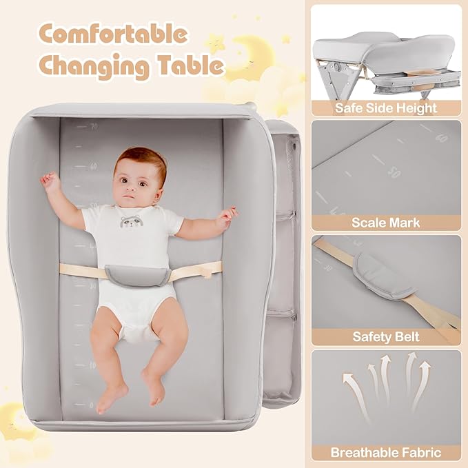 INFANS Baby Changing Table with Wheels, Portable Folding Diaper Station Nursery Organizer with Storage Basket, Hanging Rack, Adjustable Height, Safety Belt for Newborn Infant (Light Gray)
