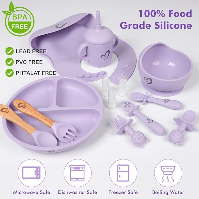 Silicone Baby Feeding Set Essentials,13 Pcs,Baby Led Weaning Supplies, Baby Spoons Suction Bowl Divided Plate Bib Cup Finger Brush,First Stage Solid Food Eating Utensils - 6 Months + (Baby Blue)