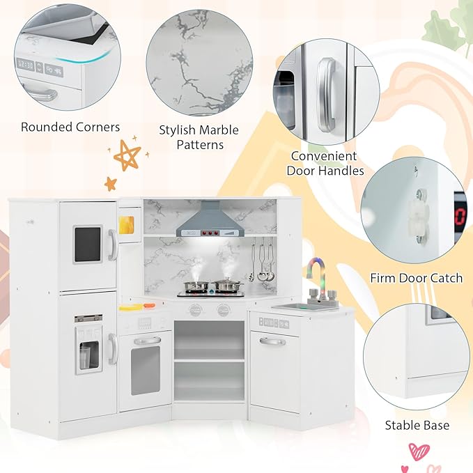 Costzon Kids Kitchen Playset, Pretend Cooking Toys w/Washing Basin, Real Lights & Sounds, Microwave, Oven, Blackboard, Ice Maker, Range Hood, Stoves, 2-PieceCorner Wooden Play Kitchen for Kids 3+