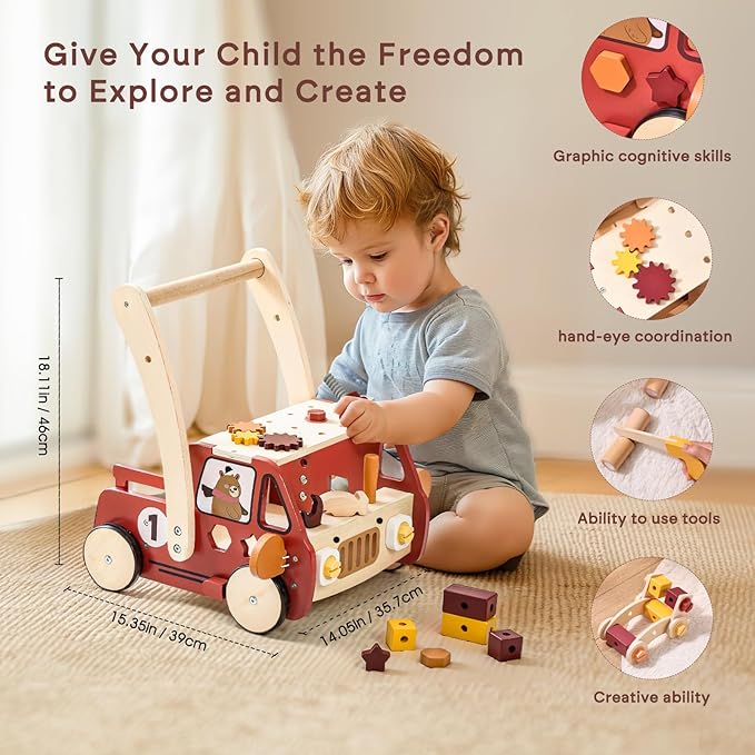 OESSUF 2-in-1 Wooden Baby Walker with 40 PCS Tool Toys – Baby Push Walker for 6-12 Months, Activity Center for Toddlers Aged 1-3 Years, Montessori Toy for Boys and Girls (Red)