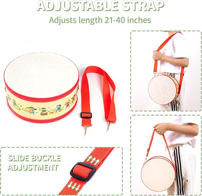Kids Drum Set with Adjustable Strap: Toddler Musical Instrument for Ages 3-5, Wearable Drum Kit with Drumsticks, Educational Percussion Toy for Rhythm Music Development (Red)