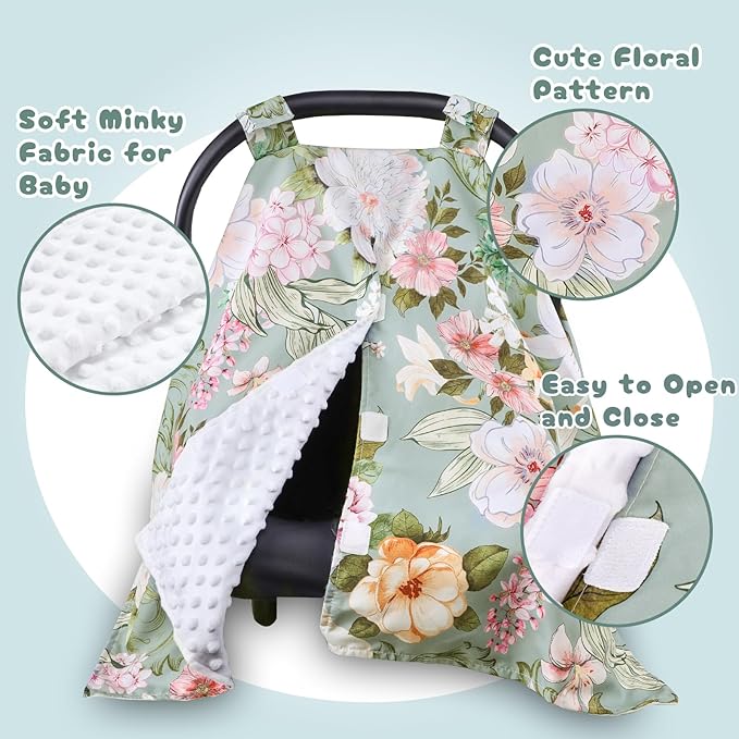 Car Seat Cover Baby, Flroal Infant Car Seat Canopy Covers for Newborn Girls Boys, Soft Breathable Minky Carseat Covers Stretchy Multi-Use Nursing Cover for Stroller Baby Car Seat, Green Leaf
