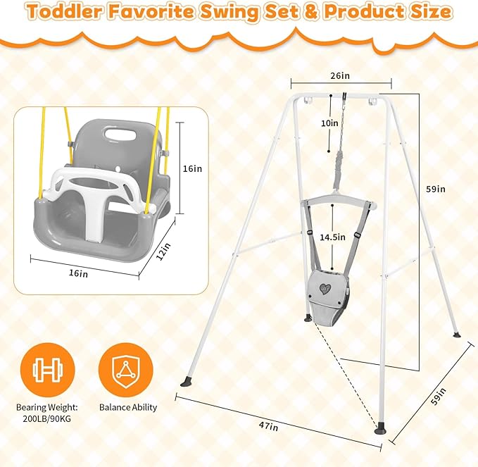 4-in-1 Toddler Swing Set & Baby Jumper and Bouncer for Toddlers, Foldable Baby Swing Stand for Outdoor Indoor Play, Easy to Assemble and Store for Ages 6 Months to 10 Years Old (White)