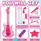 Kids Guitar and Microphone Set, Microphone with Stand and Color Light, Toy Guitar with Strap and Adjustable Volume, Toddler Musical Instrument for 5-9, Kids Karaoke Machine for Boy Girls (Pink)
