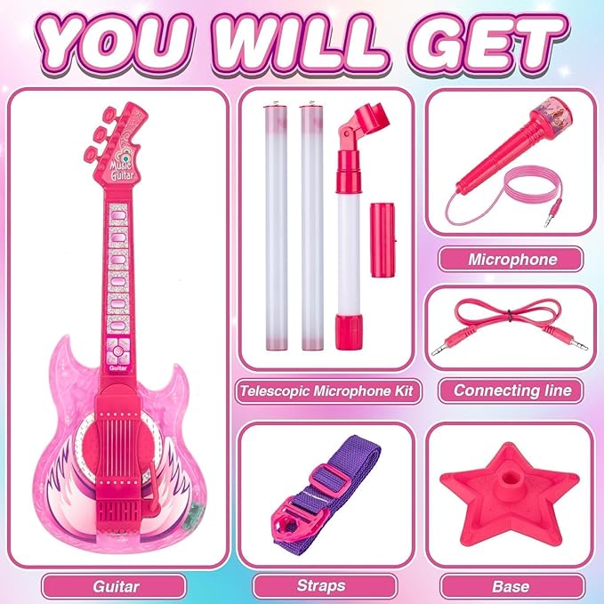 Kids Guitar and Microphone Set, Microphone with Stand and Color Light, Toy Guitar with Strap and Adjustable Volume, Toddler Musical Instrument for 5-9, Kids Karaoke Machine for Boy Girls (Pink)