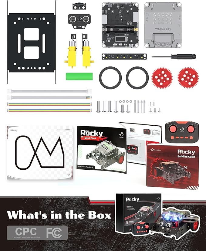 WhalesBot Rocky Smart Robot Car Coding & Remote Control Kit for Kids 8-16, Modular/Scratch/Python/C Programming, Educational Engineering Science Toy Set with Multiple Sensors and Smart Controller