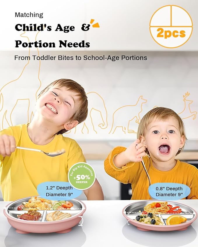 Stainless Steel Toddler Suction Plate with Lid, Deeper 9" Divided Plates with Removable Silicone Sleeves for Kids, Non Toxic & BPA Free | Unbreakable Baby Snack Dishes Set of 2, Pink & Lilac