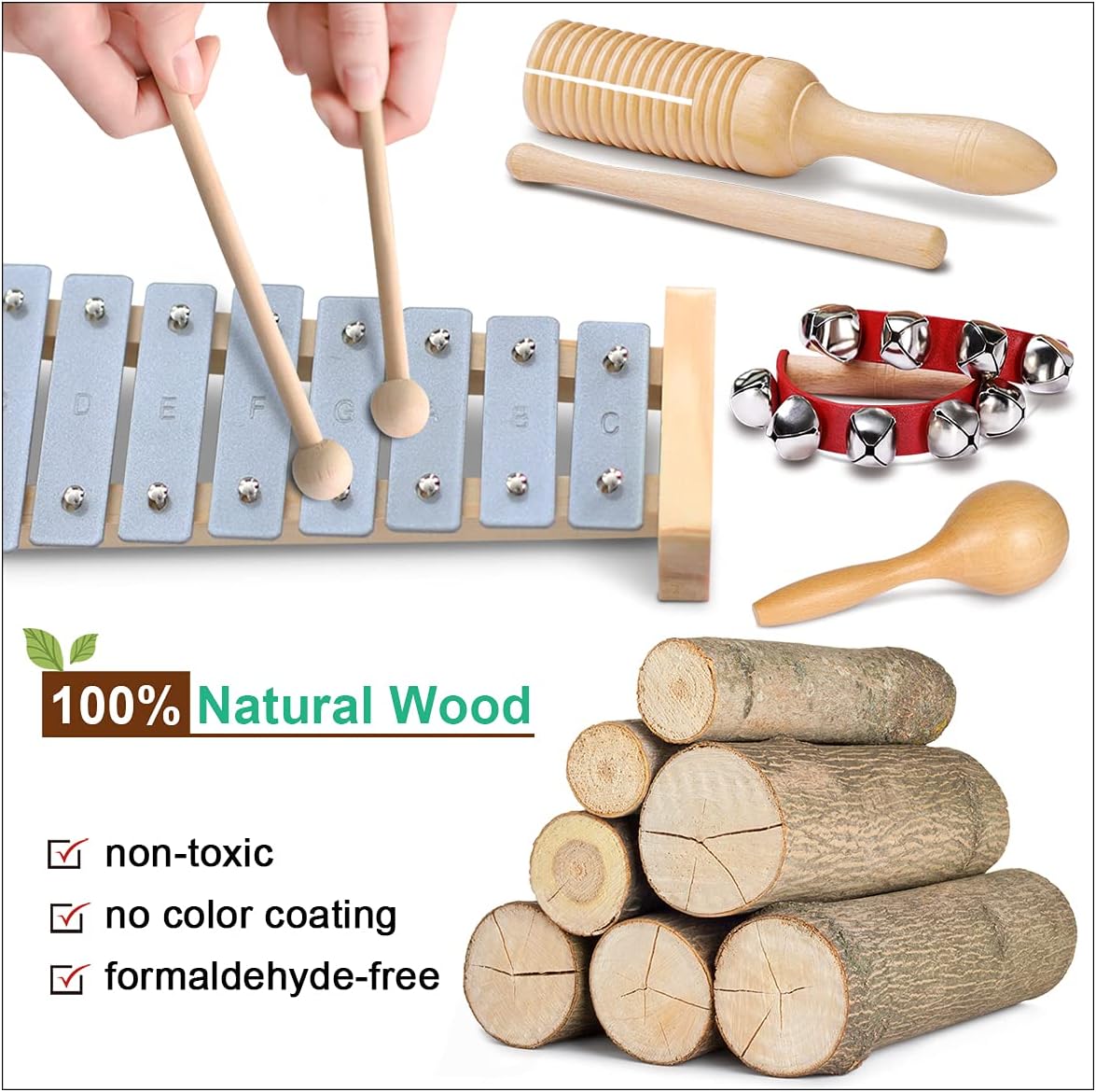 LOOIKOOS Toddler Musical Instruments International Natural Wooden Music Set for Toddlers and Kids - Eco Friendly Preschool Educational Musical Toys with Storage Bag