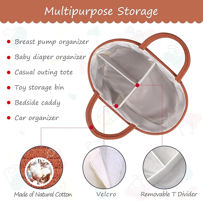 COMSE Large Baby Diaper Caddy Organizer for Girl Boy, Car Caddy with Handles, Cotton Rope Basket for Changing Table, Nursery Organizer, Gift for Baby Shower and Registry Must Have, Autumn Glaze