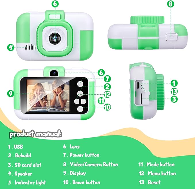SUZIYO Kids Video Camera, Best Christmas Birthday Gifts Toys for Children, Toddlers Selfie Digital Camcorder 1080P Dual Lens 2.4 Inch HD for Age 3-8 Years Old Boys Girls with 32G SD Card, Green