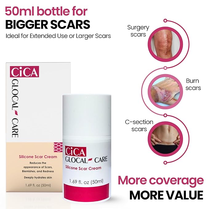 CICA Silicone Scar Cream – New & Old Scar, Stretch Marks & PIH Appearance Improvement - Medical-Grade Silicone with TECA, PASSIOLINE, Hyaluronic Acid & Panthenol - Supports Wound Healing - 50 ml