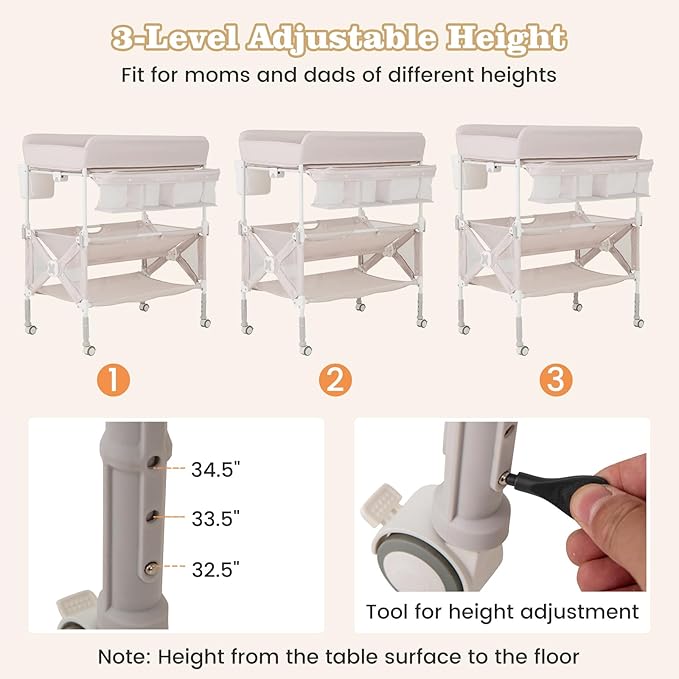 BABY JOY Portable Baby Changing Table, Foldable Waterproof Diaper Changing Station w/Wheels, Adjustable Height, Storage Basket, Shelves & Trash Bin, Mobile Nursery Organizer for Newborn Infant, Beige