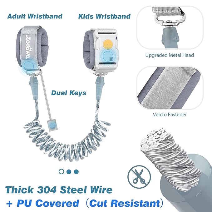 Zooawa Toddler Leash 2Pack, Toddler Kids Harness Anti Lost Wrist Link with Magnetic Lock, Reflective Safety Walking Harness Wristband Leashes for 2,3,4 Years Old Boys Girls, Blue+Gray