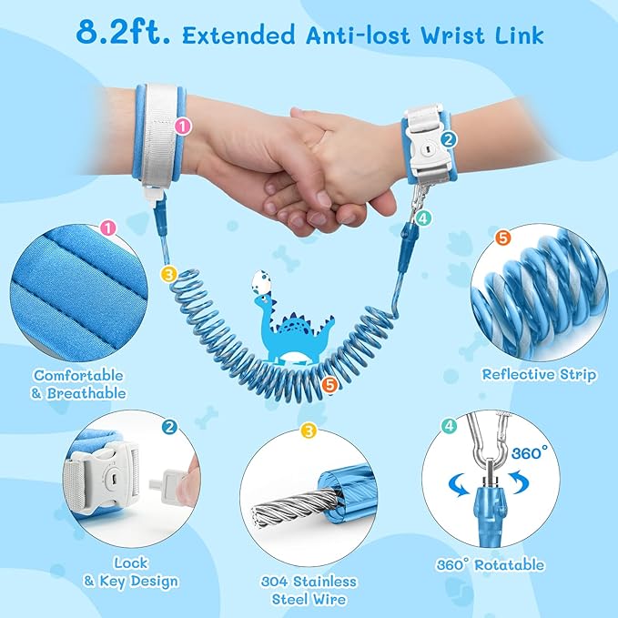Dr.meter 3 in 1 Toddler Harness Leash + 8.2ft Anti Lost Wrist Link, Cute Dinosaur Kids Safety Harness with Key Lock, Child Walking Harness Assistant Strap for Outdoor Activity Travel