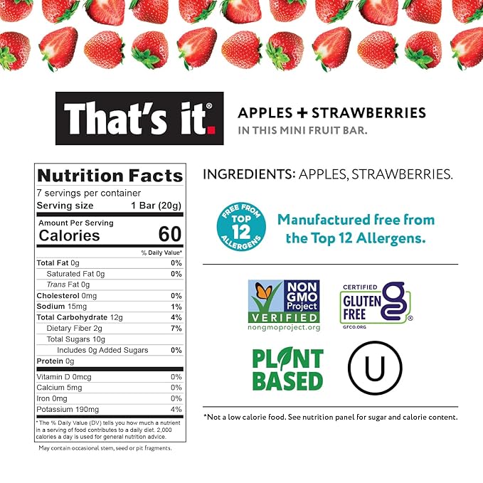 That's it. Mini Fruit Bars (Variety 35 Pack) No Sugar Added, Plant-Based, Vegan & Gluten Free, Breakfast Bar, Paleo, for Children & Adults, Non GMO, Fiber (7 Blueberry, 7 Cherry, 7 Fig, 7 Mango, 7 Strawberry)