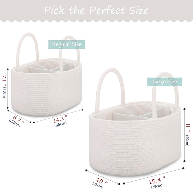 COMSE Large Baby Diaper Caddy Organizer for Girl Boy, Car Caddy with Handles, Cotton Rope Basket for Changing Table, Nursery Organizer, Gift for Baby Shower and Registry Must Have, White