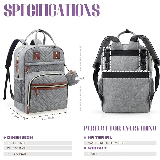 Tuwubi Diaper Bag Backpack, Baby Essentials Travel Tote Bag, Multi function Waterproof Backpacks, Travel Essentials with Stroller Straps & Pacifier Case - Grey