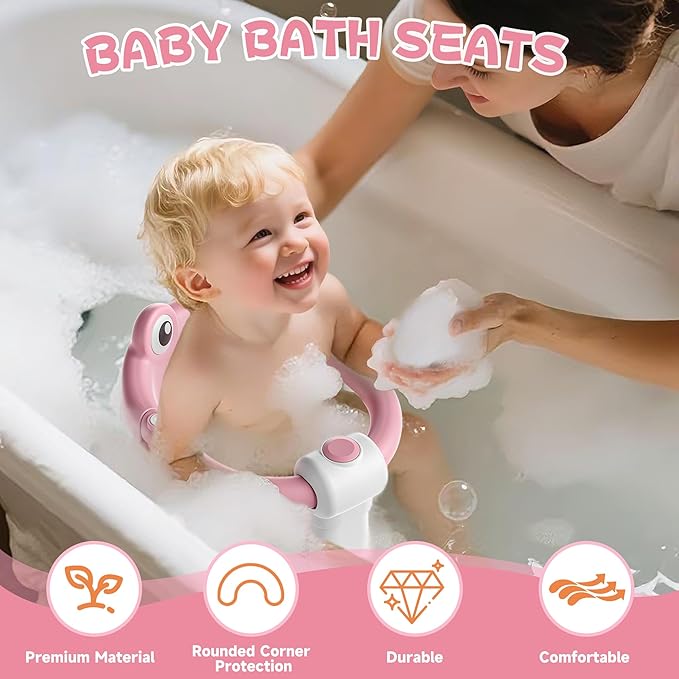 Baby Bath Seat for Babies 6 Months & Up - Toddler Bath Seats for Baby Sitting Up with 4 Suction Cups & Soft Cushion, Non-Slip Infants Shower Bathtub Chair for Newborn Girls, Pink