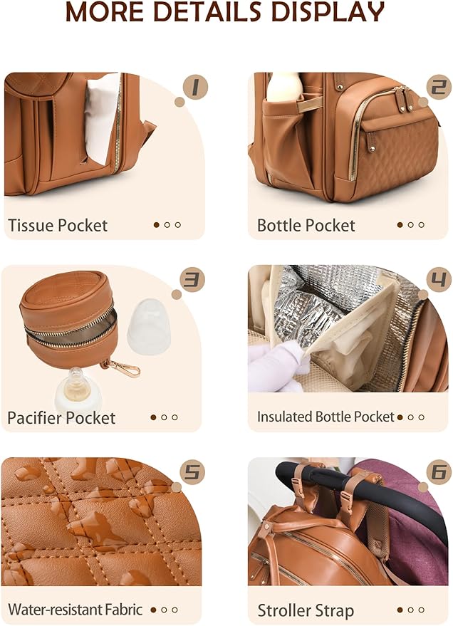 Diaper Bag Backpack, Multifunction Waterproof Diaper Bag for Baby, with Diaper Changing Station, Newborn Essentials Must Haves, Baby Portable Bag, Unisex, Brown Vegan Leather