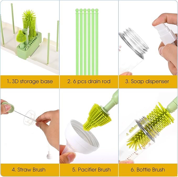 Portable Baby Bottle Brush Set - 7 in 1 Baby Bottle Cleaner Kit, Baby Travel Essential Bottle Washing Kit with Silicone Bottle Brush, Nipple Brush, Straw Brush, Drying Rack for Home and Travel (Green)
