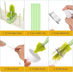 Portable Baby Bottle Brush Set - 7 in 1 Baby Bottle Cleaner Kit, Baby Travel Essential Bottle Washing Kit with Silicone Bottle Brush, Nipple Brush, Straw Brush, Drying Rack for Home and Travel (Green)