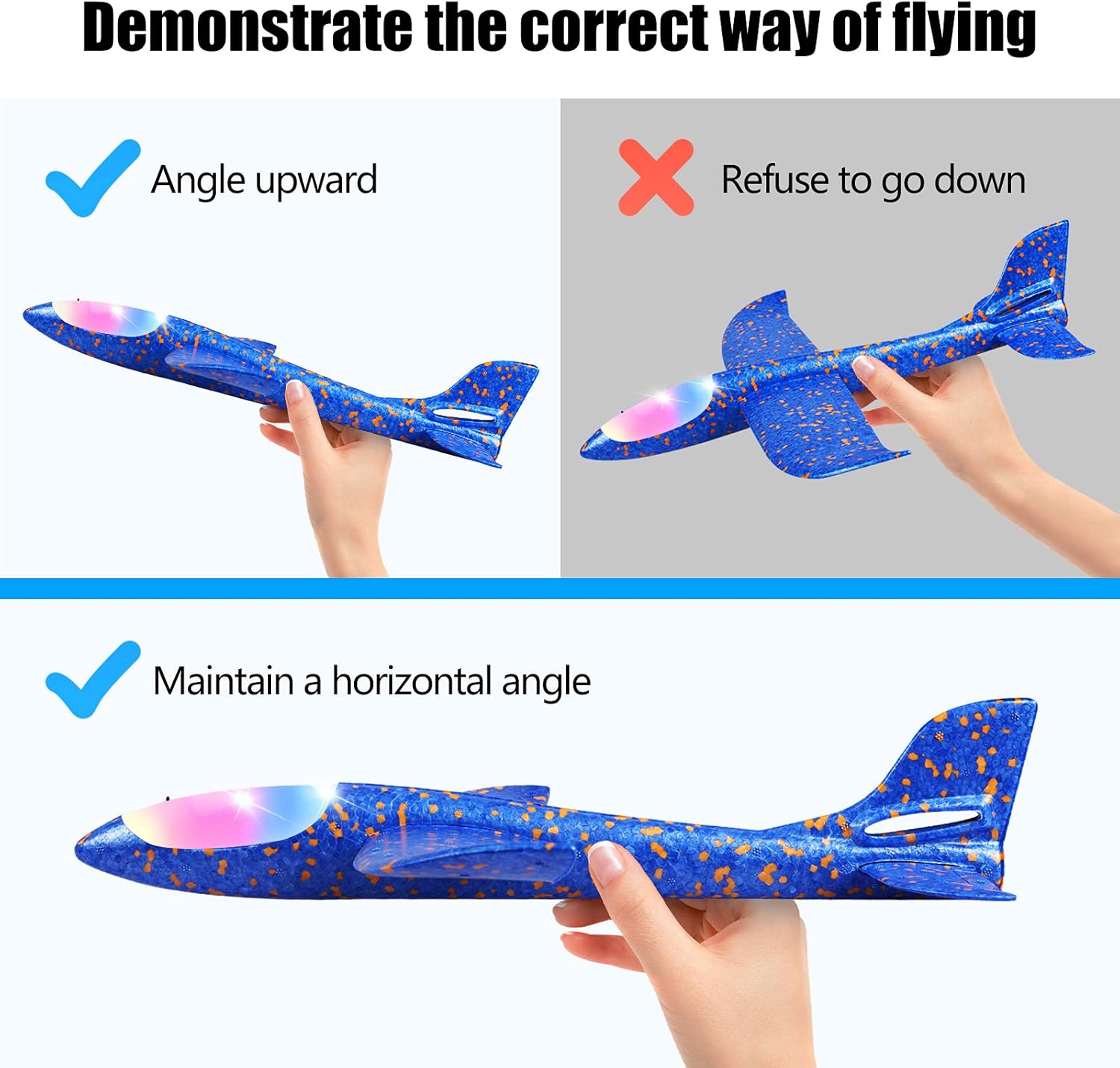 2 Pack LED Light Airplane,17.5" Large Throwing Foam Plane,2 Flight Mode Glider Plane,Flying Toy for Kids,Gifts for 3 4 5 6 7 8 9 Years Old Boy,Outdoor Sport Toys Birthday Party Favors Foam Airplane