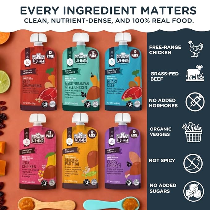 Li’l Hala Baby Food Pouches with Meat – Variety Pack of Toddler Puree Meals – Free-Range Chicken & Grass-Fed Beef – Organic Veggies, Protein & Healthy Fats – 6+ Months – 3.5 oz (12 Pack)