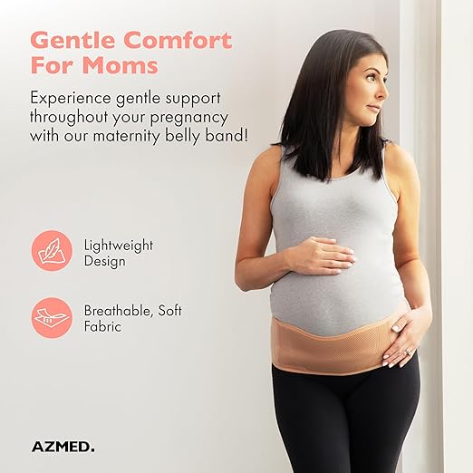 AZMED Maternity Belt Back Support - Adjustable Abdominal Binder for Pregnancy - Belly Band for Pelvic, Waist & Lower Back Comfort - Fits Up to 46 Inches - Beige