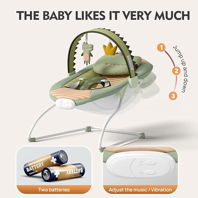 Baby Bouncer, Soothing Vibrations Infant Seat, Portable Baby Bouncer Seat with Music, for 0-6 Months 6-20 lbs(Green)