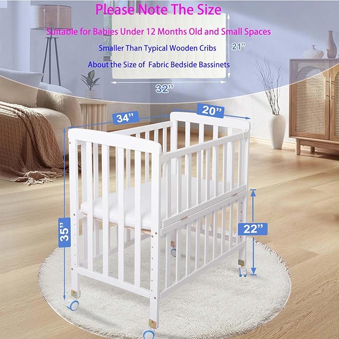Baby Bassinets Bedside Sleeper - Portable Pine Wood Bedside Bassinet,6 Heights Small Mini Crib with Mattress,Space-Saving Design Baby Crib for Newborns,White