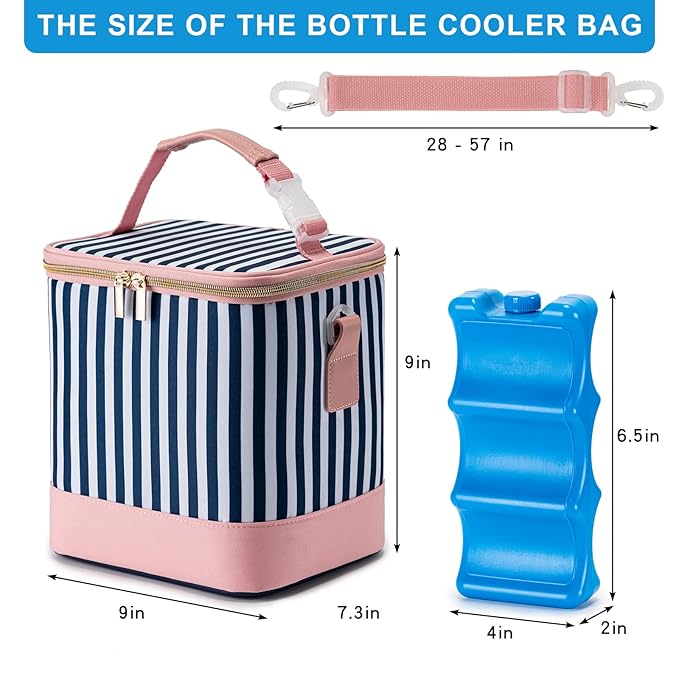 Breastmilk Cooler Bag with Ice Pack Fits 6 Baby Bottles Up to 9 Ounce, Baby Bottle Bag with Shoulder Strap for Nursing Mom Daycare, Straps