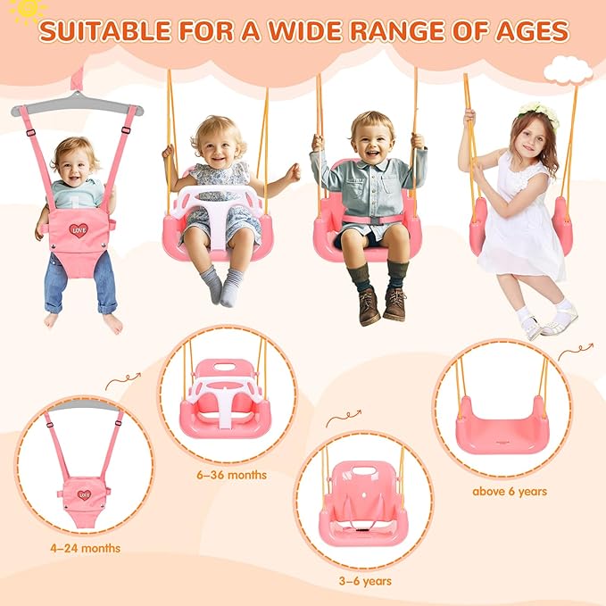 4-in-1 Swing Set & Baby Jumper and Bouncer for Toddler, Heavy Duty Baby Swing Set with Foldable Metal Stand for Indoor & Outdoor Play, Adjustable Swingset for Toddler (Pink)