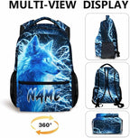 Custom Wolf Backpack for Boys Kids - 17 Inch Personalized Lightning Backpack for School Kindergarten Elementary Primary Senior Middle - Durable Cool Schoolbag with Name