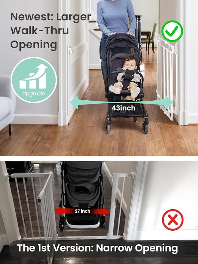 Grownsy Baby Gate for Stairs- No Bottom Bar, Adjustable Width 29.8” to 43.5” for Child and Pet, Dog Gate with Auto-Close & One-Hand Operation, Hardware-mounted Installation for Doorways and Indoor Use