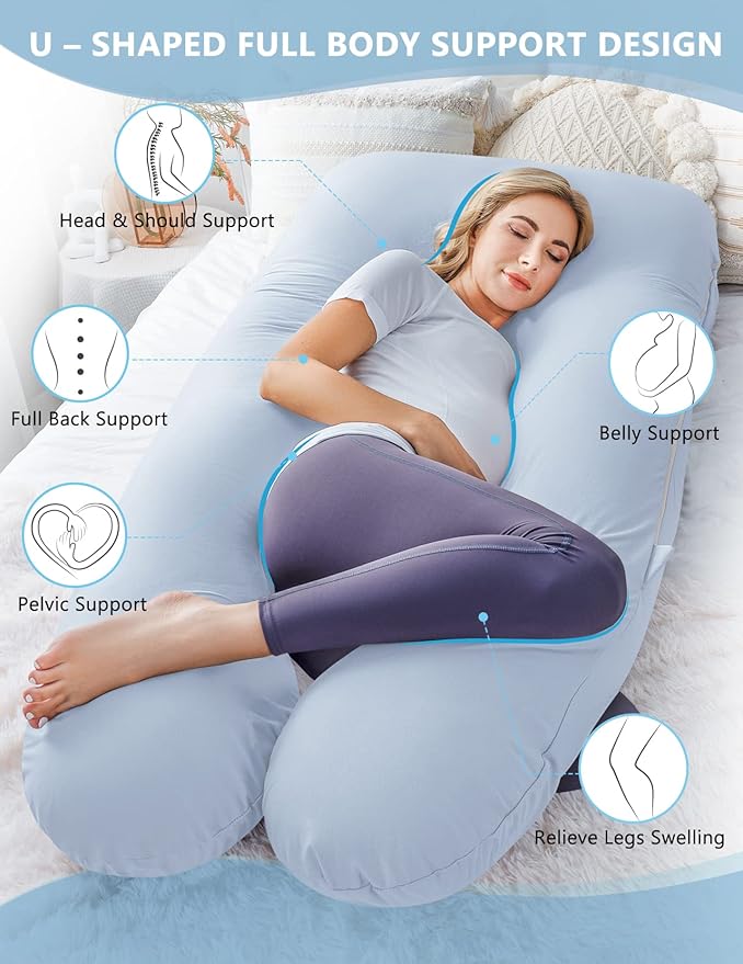 Meiz Pregnancy Pillow, Cooling Pregnancy Pillows for Sleeping, Maternity Pillow for Pregnant Women, Pregnancy Body Pillow with Cooling Jersey Cotton Cover, Blue