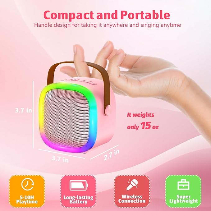 Karaoke Machine for Kids Adults, Portable Bluetooth Speaker with 2 Wireless Microphones and LED Lights, Kids Toys Birthday Gifts for Girls Boys Ages 4, 5, 6, 7, 8,9,10,11,12+ Years
