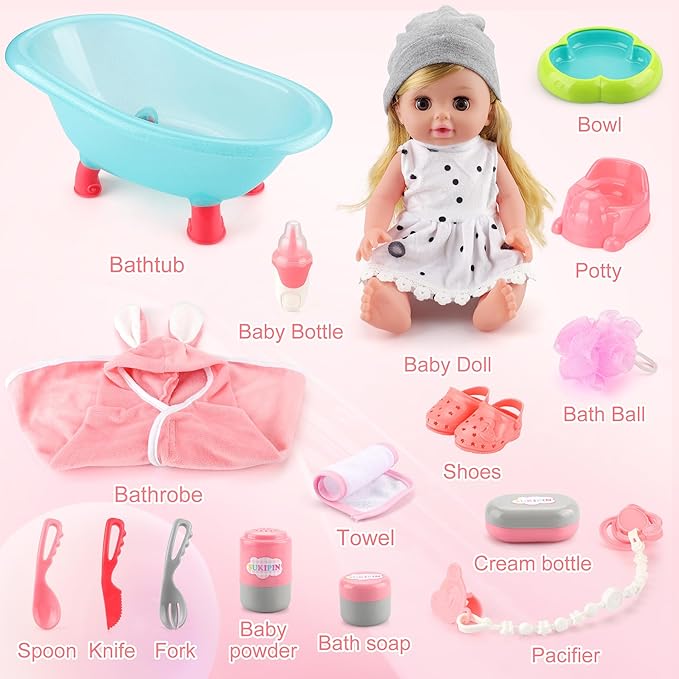 Baby Doll Bath Set, Bathtub Baby Doll Playset for Todders, for 3 4 5 Year Old Girls, Party Favors Toys Stocking Stuffers for Toddlers Kids (Bathtub Set)
